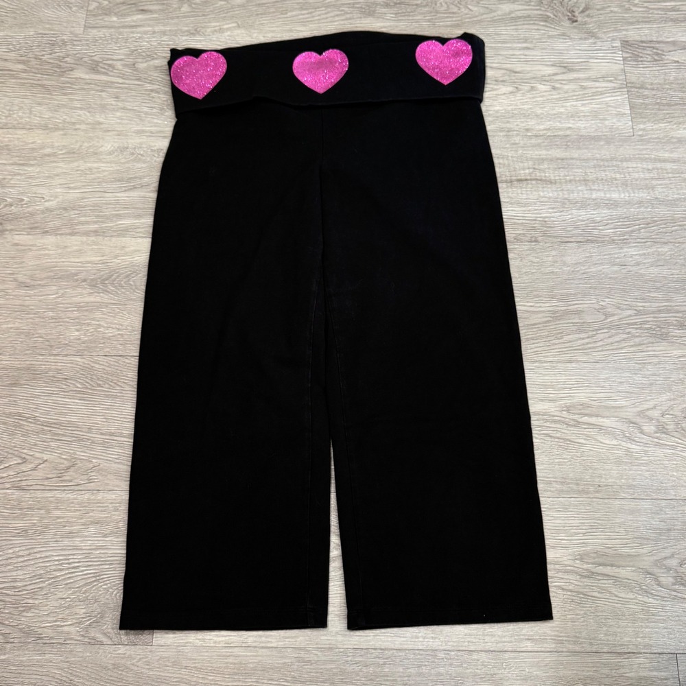 y2k Victoria's Secret PINK Black Foldover Yoga crop Pants Pink Hearts Large
